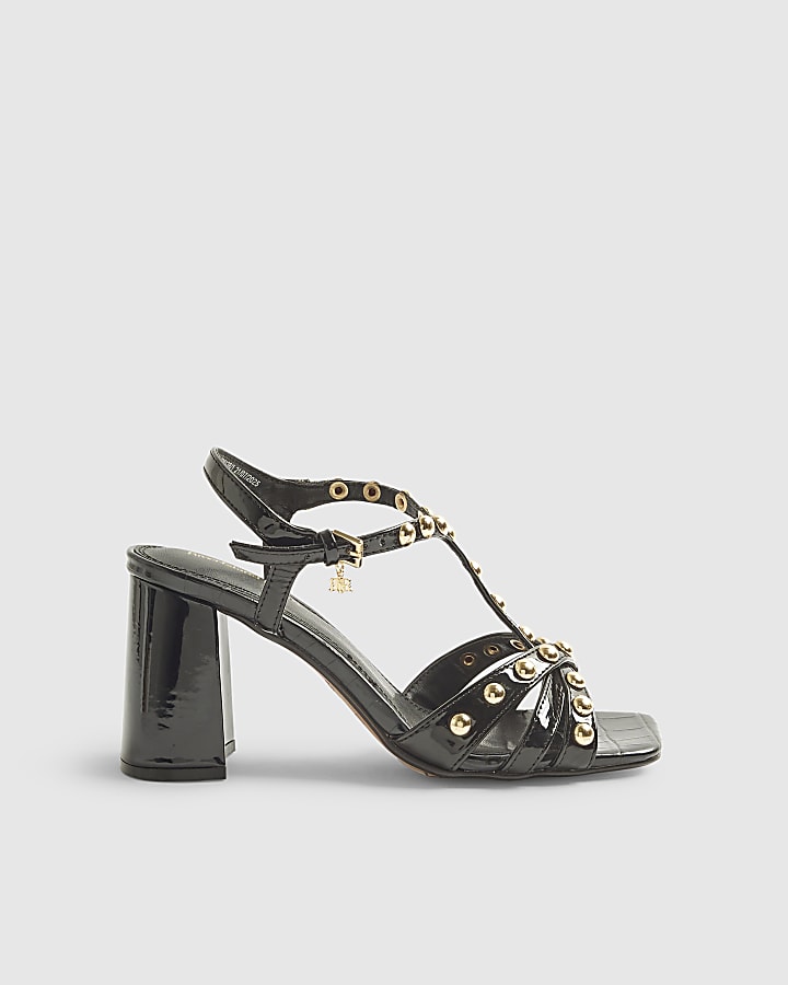 Black Studded T Bar Block Heel Sandals