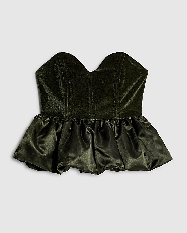 Green Velvet Sleeveless Bandeau Peplum Top