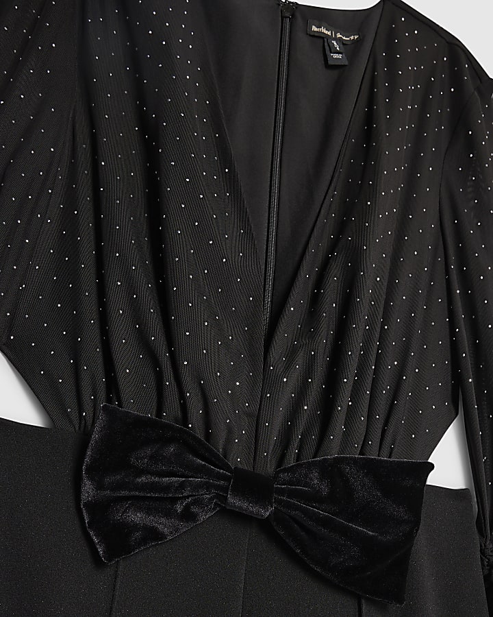 Black Long Sleeve Diamante Bow Jumpsuit