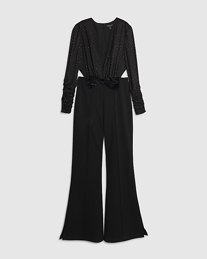 Black Long Sleeve Diamante Bow Jumpsuit