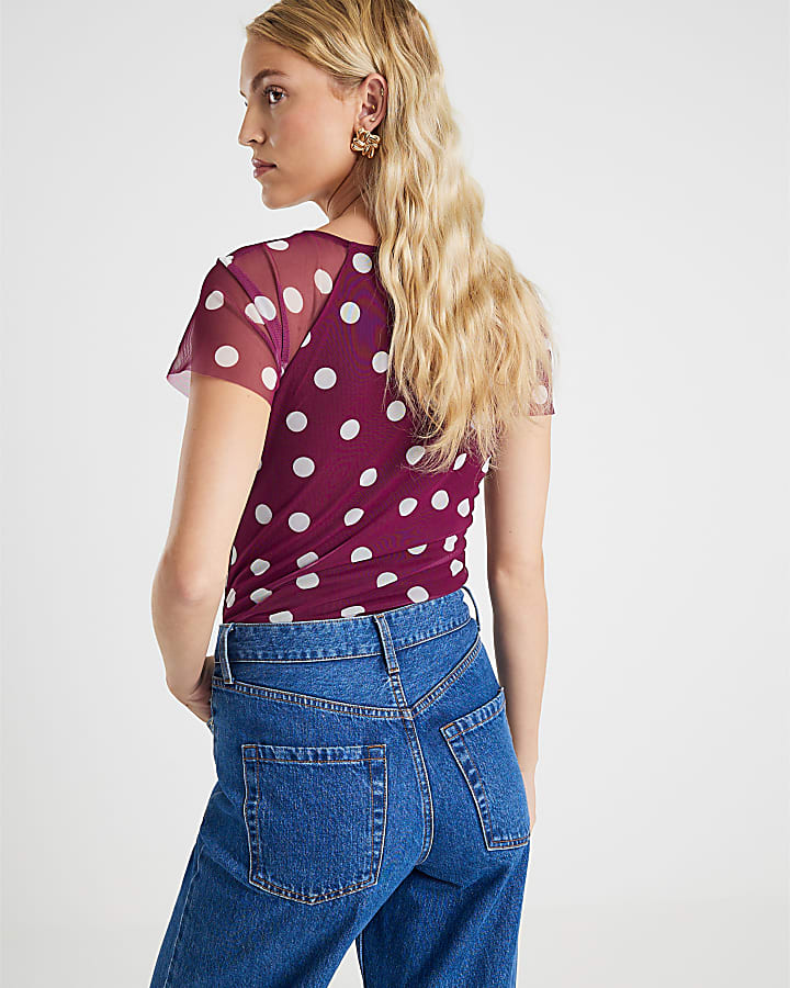 Red Mesh Spot Print Short Sleeve Ruched Top
