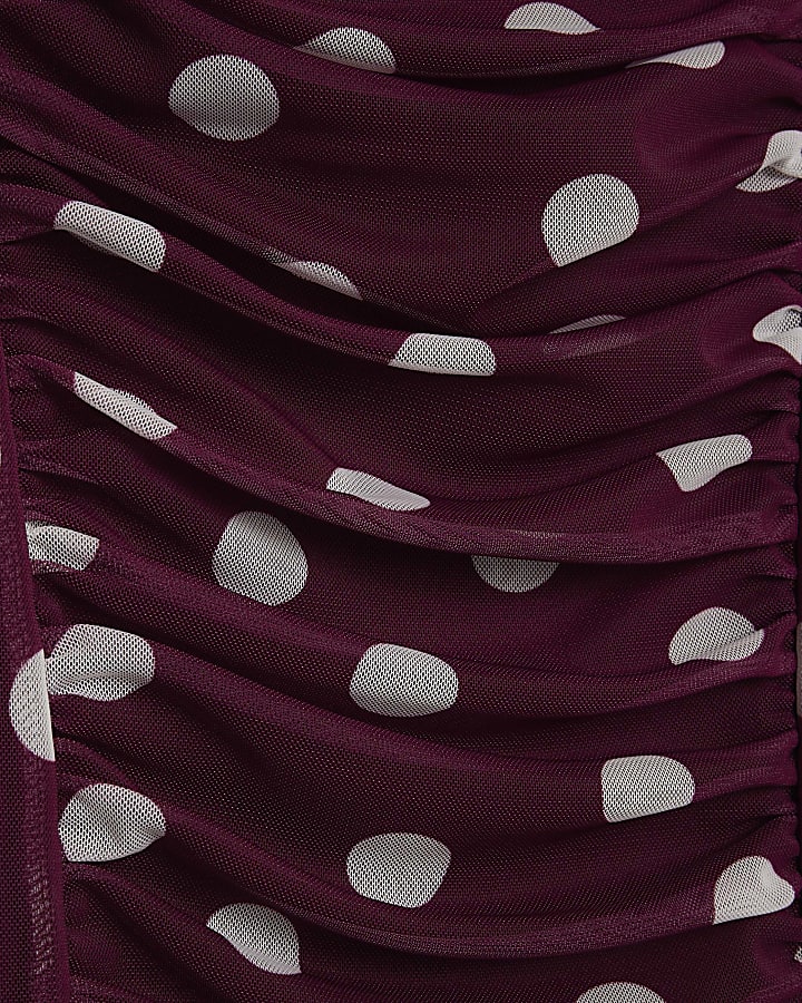 Red Mesh Spot Print Short Sleeve Ruched Top