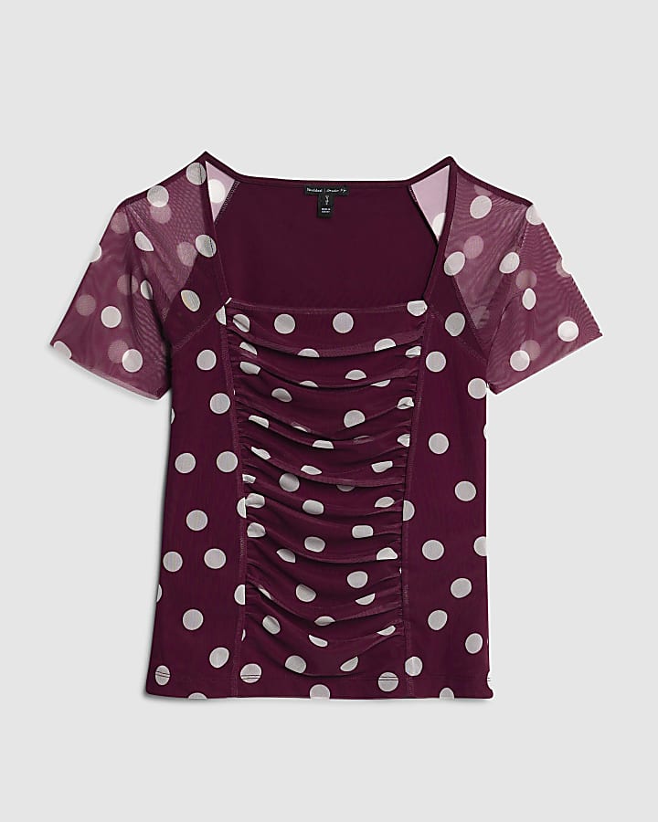 Red Mesh Spot Print Short Sleeve Ruched Top
