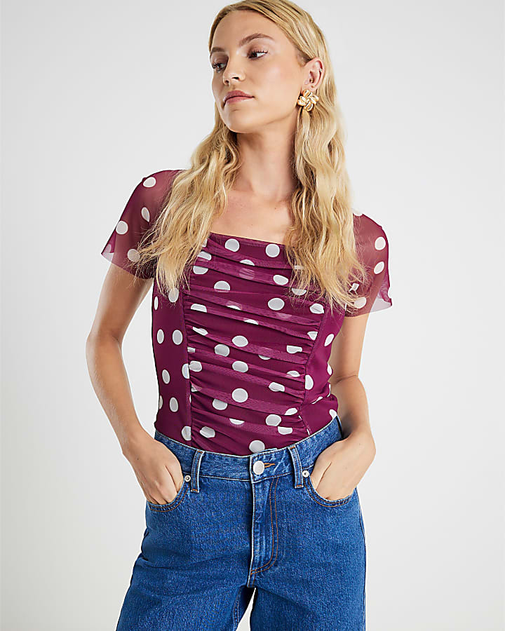 Red Mesh Spot Print Short Sleeve Ruched Top