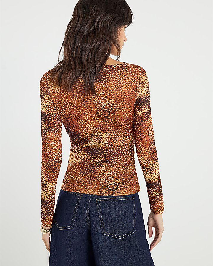 Brown Blurred Spot Print Mesh Long Sleeve Top