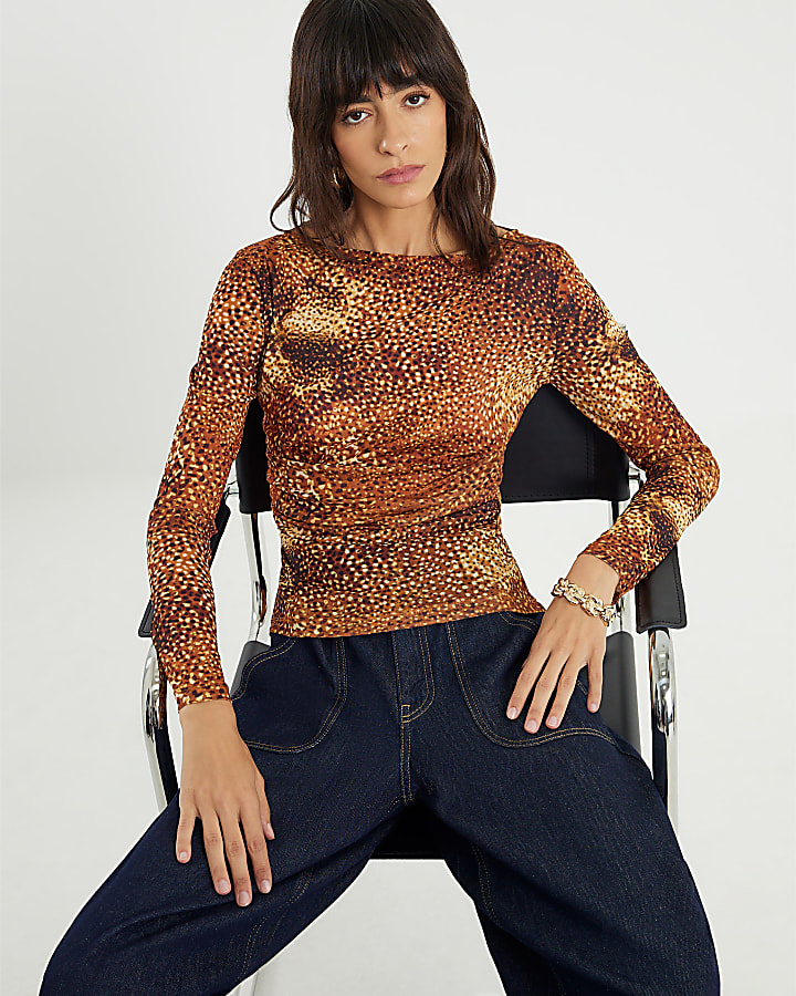 Brown Blurred Spot Print Mesh Long Sleeve Top