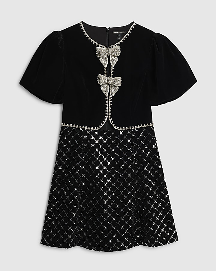 Black Embellished Bow Velvet Mini Dress