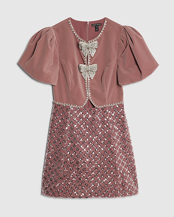 Pink Velvet Short Sleeve Bow Mini Dress