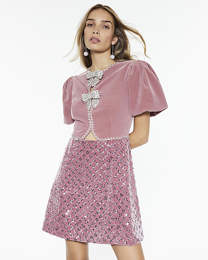 Pink Velvet Short Sleeve Bow Mini Dress