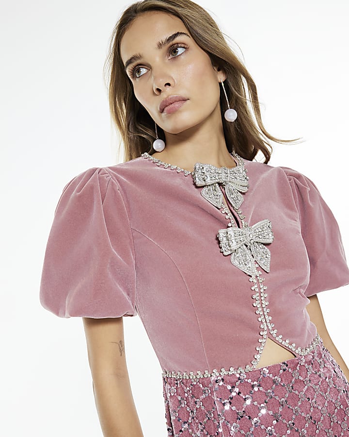 Pink Velvet Short Sleeve Bow Mini Dress