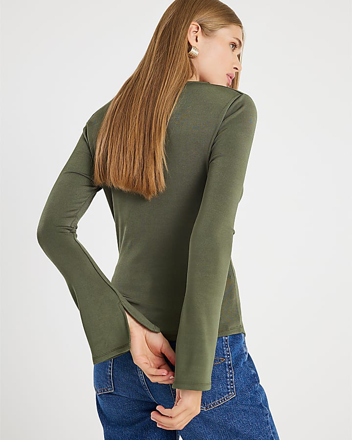 Khaki Cowl Neck Asymmetric Hem Top