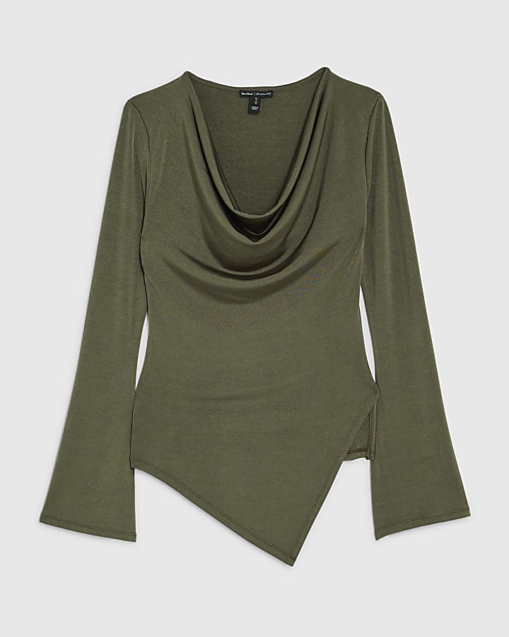 Khaki Cowl Neck Asymmetric Hem Top