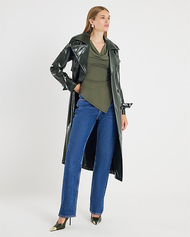 Khaki Cowl Neck Asymmetric Hem Top