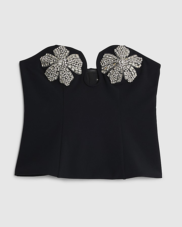 Black Embellished Flower Bandeau Top