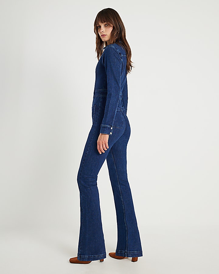 Blue Denim Long Sleeve Stretch Jumpsuit