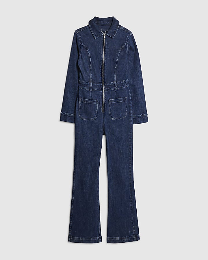Blue Denim Long Sleeve Stretch Jumpsuit