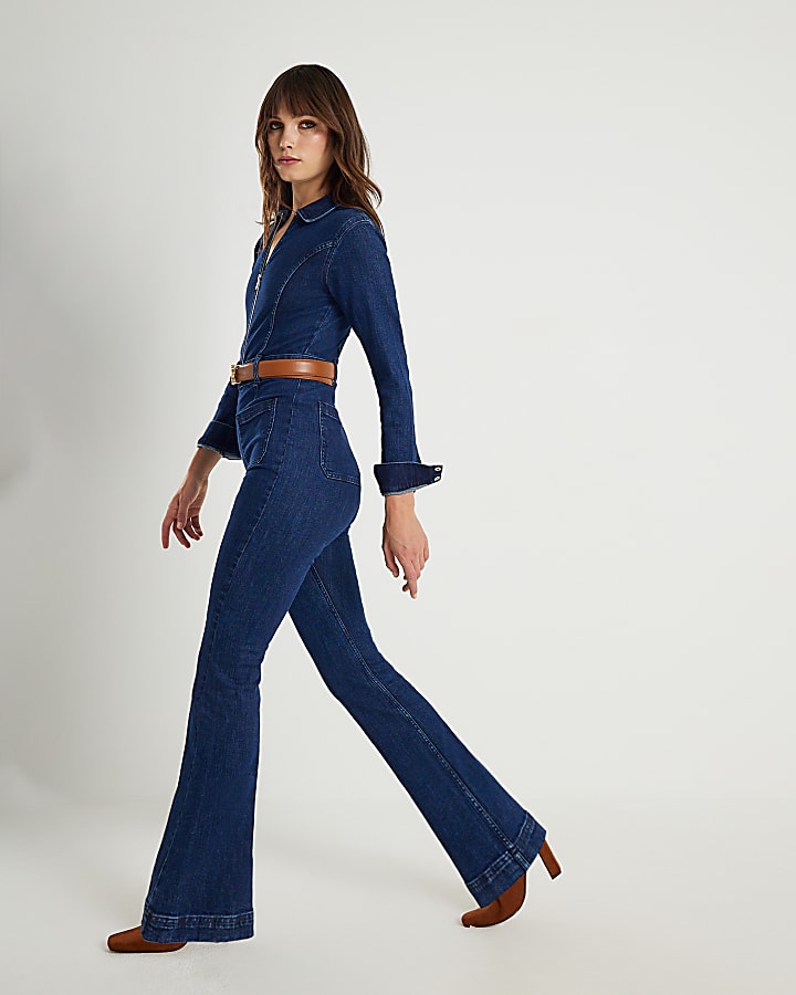Blue Denim Long Sleeve Stretch Jumpsuit