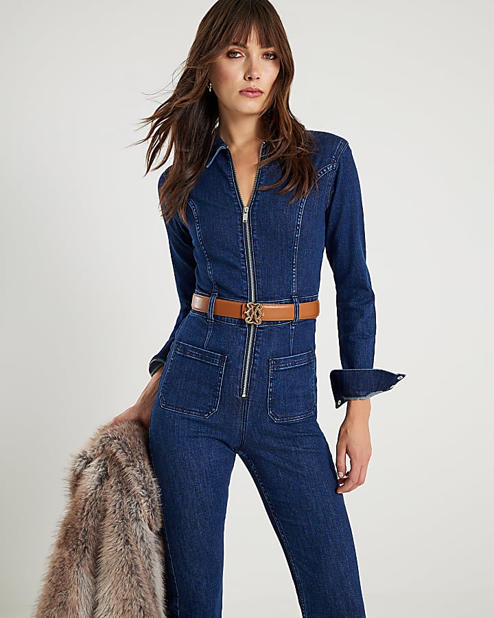 Blue Denim Long Sleeve Stretch Jumpsuit