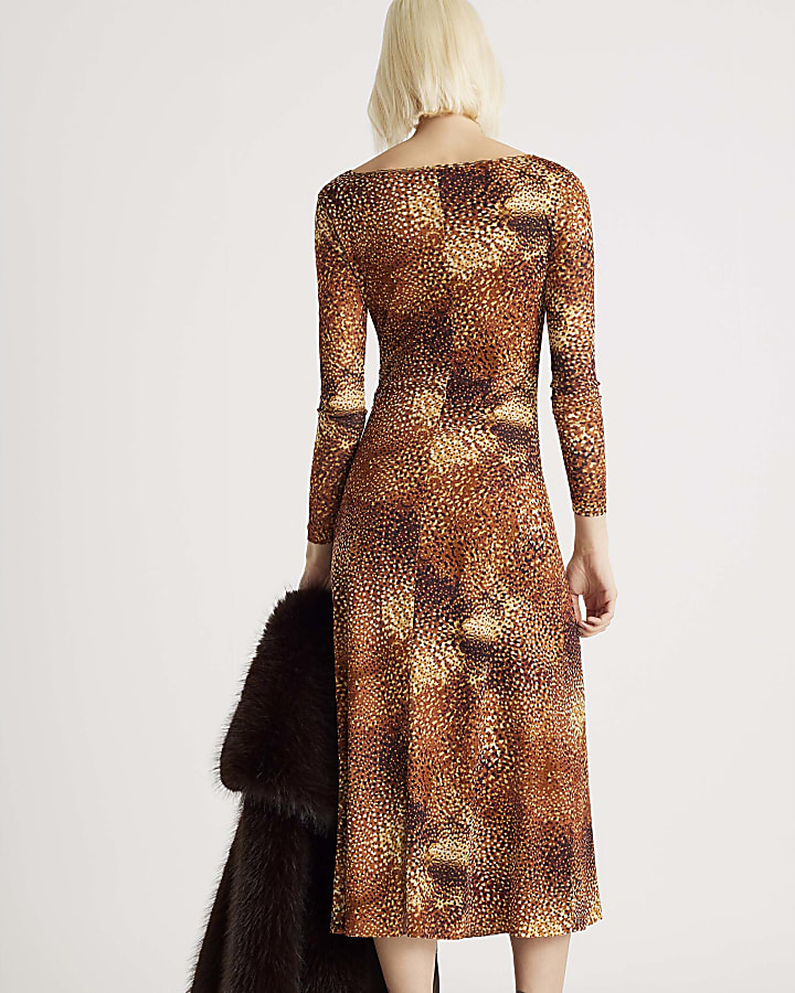 Brown Mesh Long Sleeve Spot Print Midi Dress