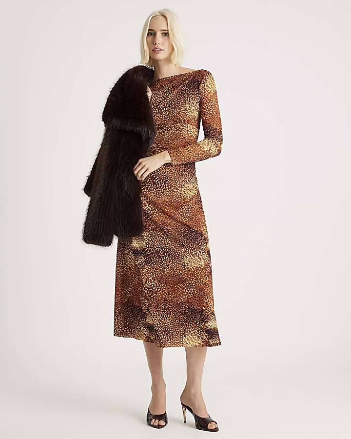 Brown Mesh Long Sleeve Spot Print Midi Dress