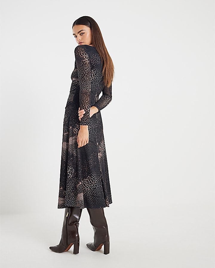 Black Mesh Long Sleeve Spot Print Midi Dress