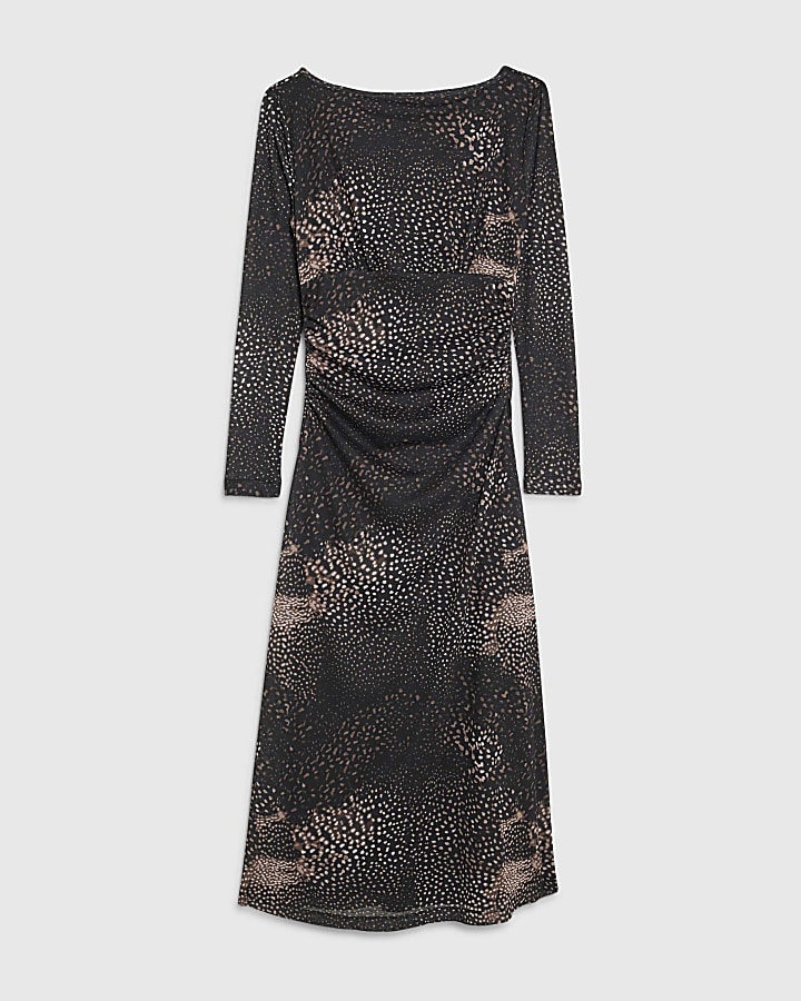 Black Mesh Long Sleeve Spot Print Midi Dress
