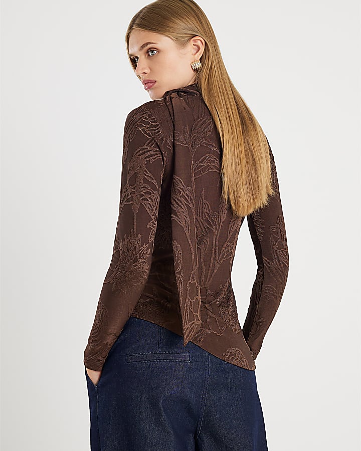 Brown Jacquard Scarf Tie Top