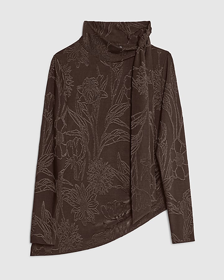 Brown Jacquard Scarf Tie Top