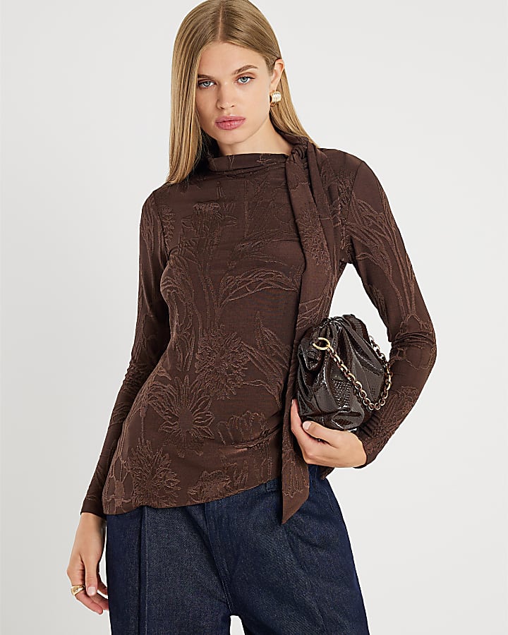 Brown Jacquard Scarf Tie Top