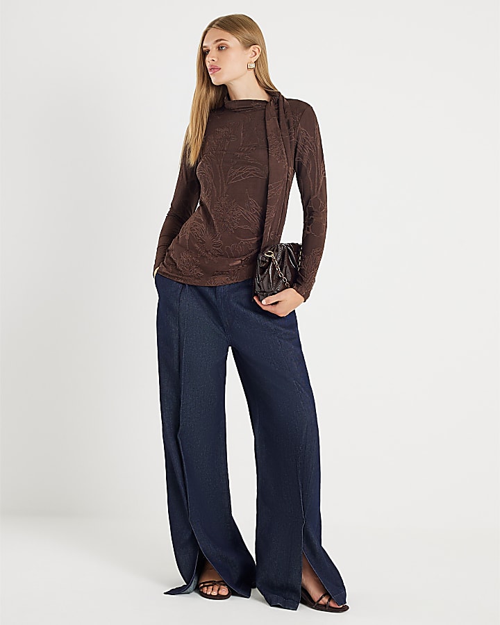 Brown Jacquard Scarf Tie Top