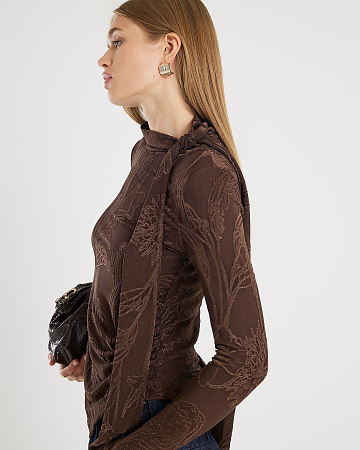 Brown Jacquard Scarf Tie Top
