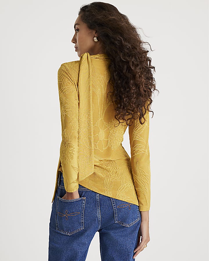 Yellow Jacquard Scarf Tie Top