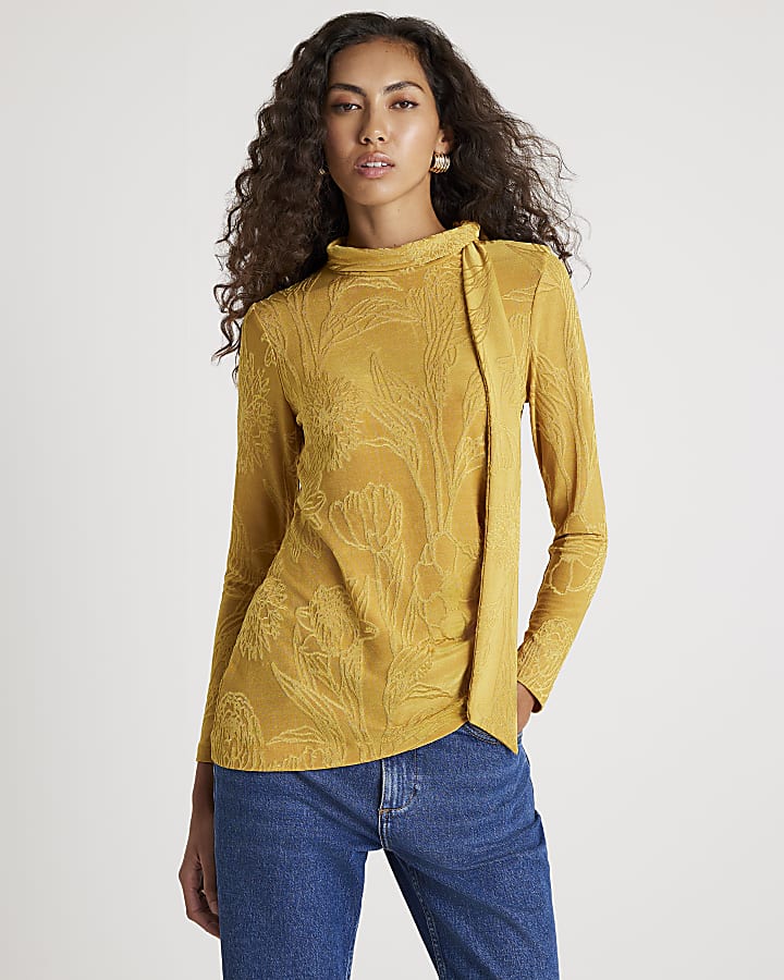 Yellow Jacquard Scarf Tie Top