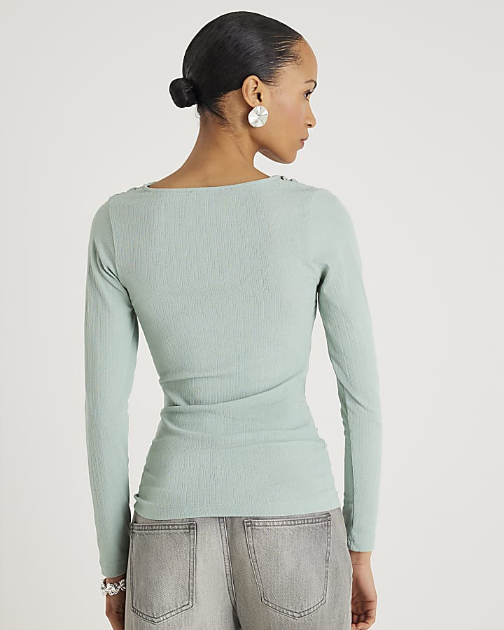Blue Long Sleeve Twist Front Top