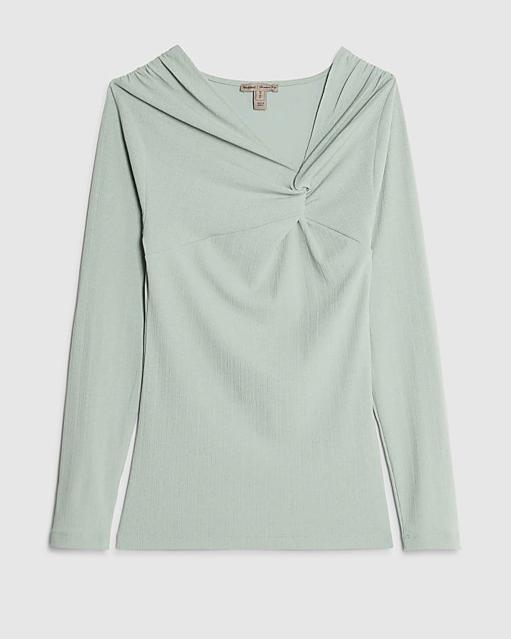 Blue Long Sleeve Twist Front Top