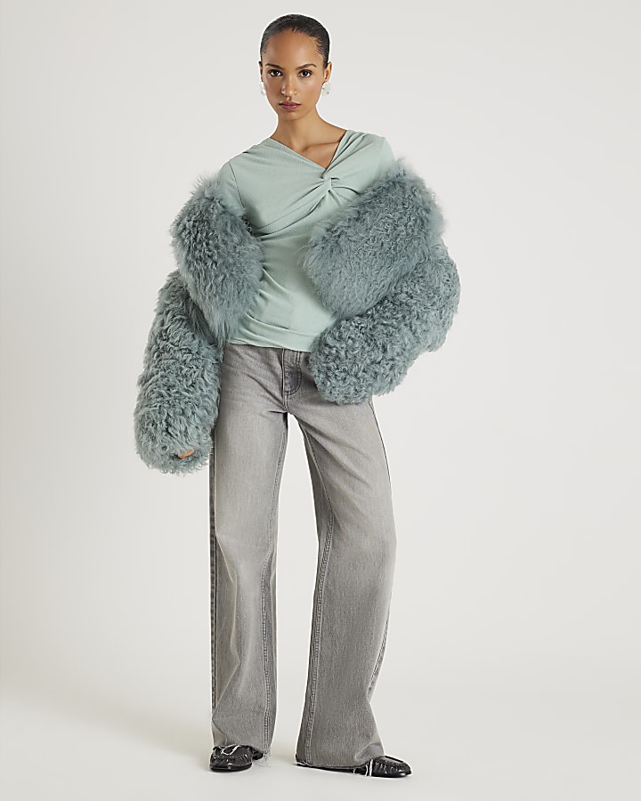 Blue Long Sleeve Twist Front Top