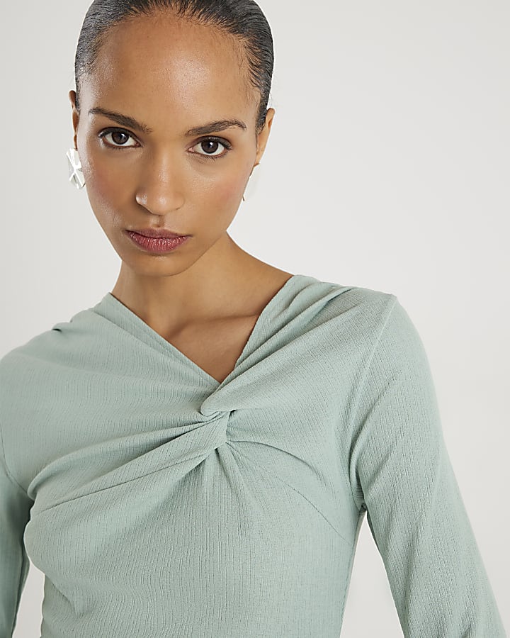 Blue Long Sleeve Twist Front Top