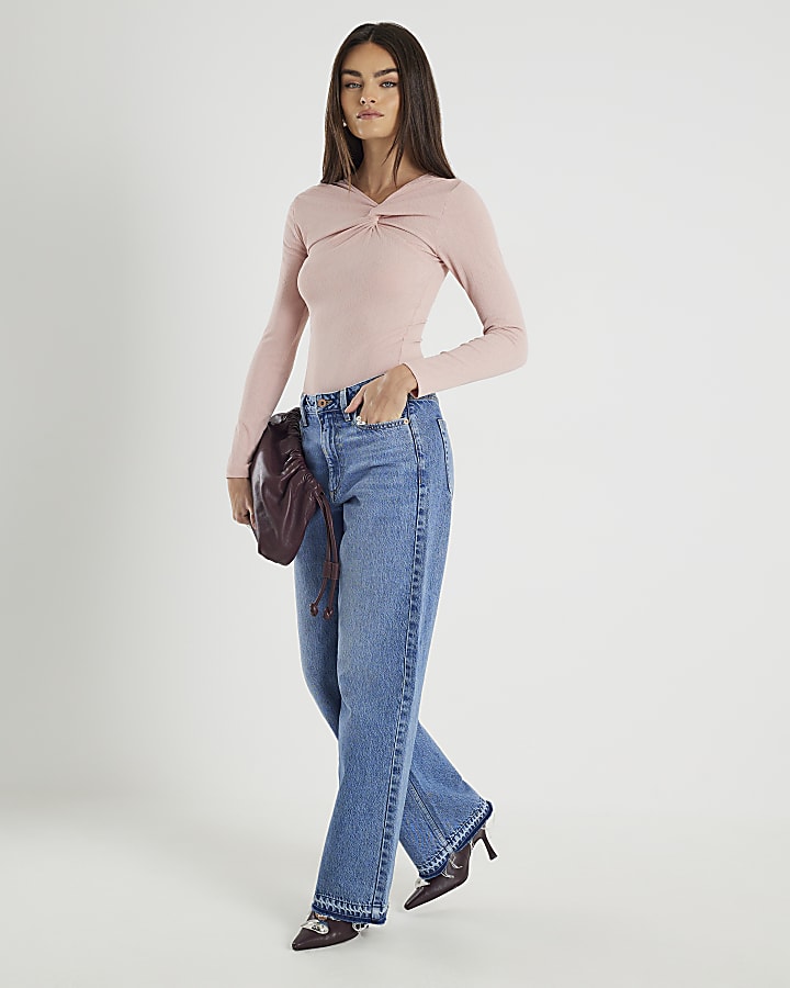 Pink Long Sleeve Twist Front Top