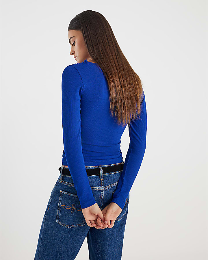 Blue Long Sleeve Twist Front Top