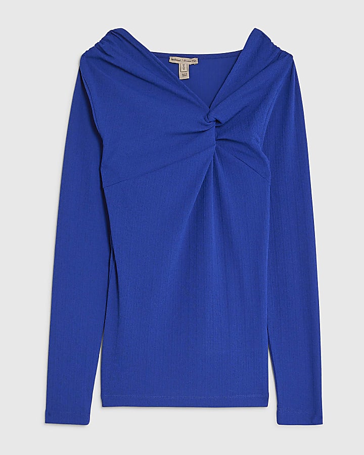 Blue Long Sleeve Twist Front Top