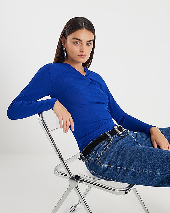 Blue Long Sleeve Twist Front Top