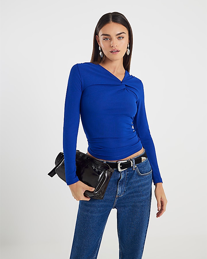 Blue Long Sleeve Twist Front Top