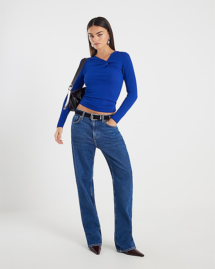 Blue Long Sleeve Twist Front Top