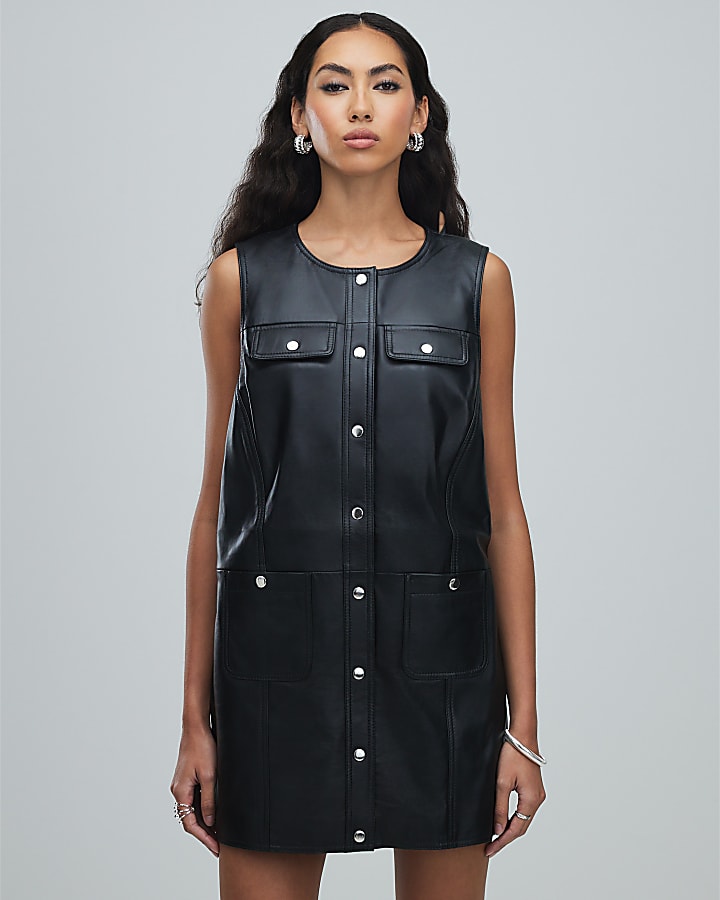 Black Leather Pinafore Mini Dress