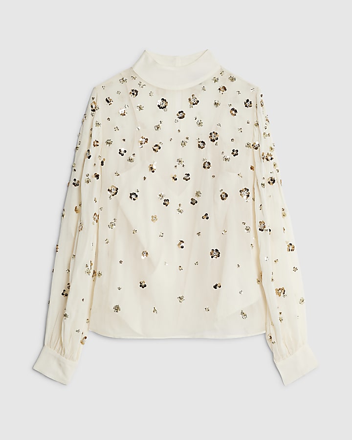 White Long Sleeve Embellished Top