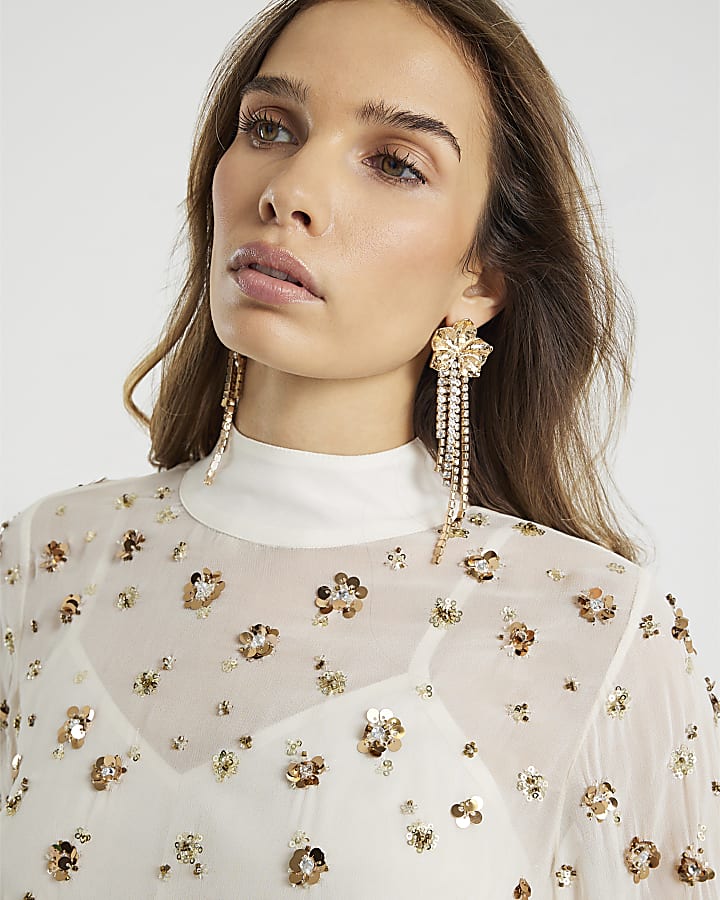 White Long Sleeve Embellished Top