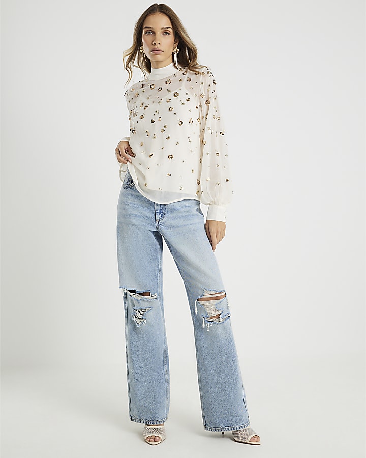 White Long Sleeve Embellished Top