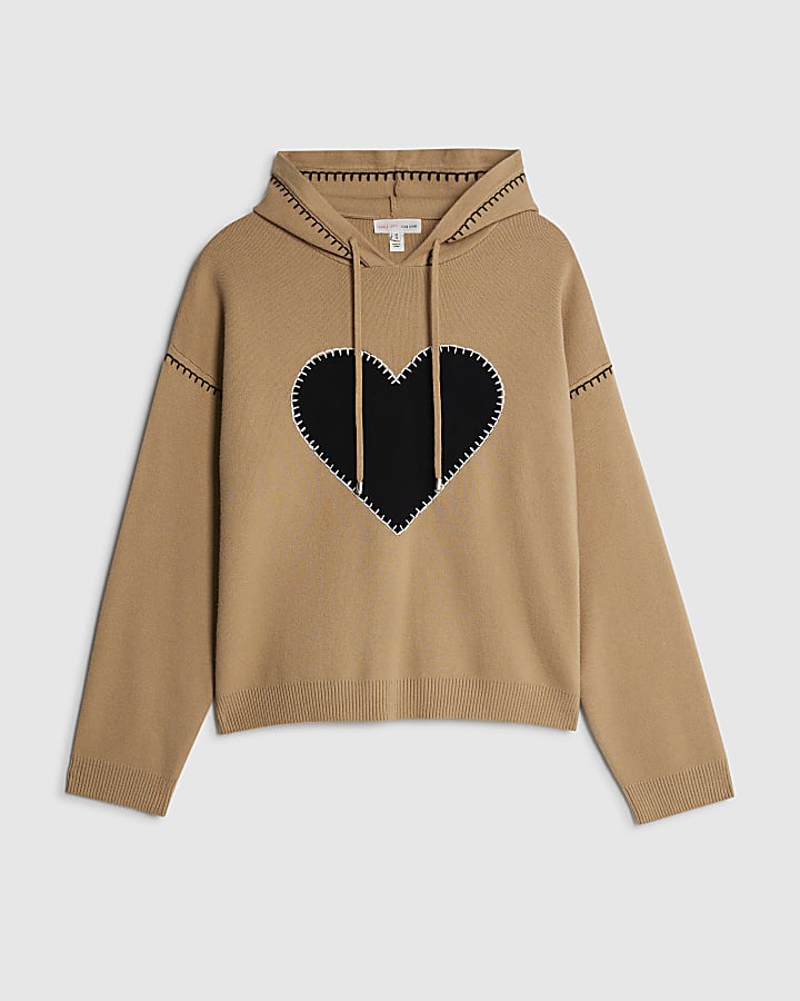 Brown Knitted Heart Hoodie