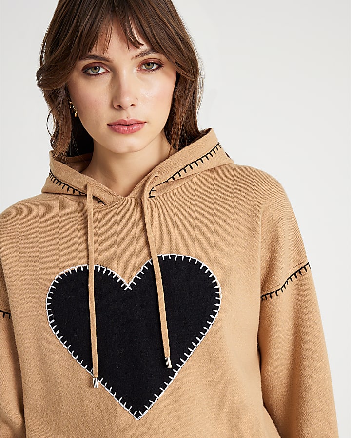 Brown Knitted Heart Hoodie