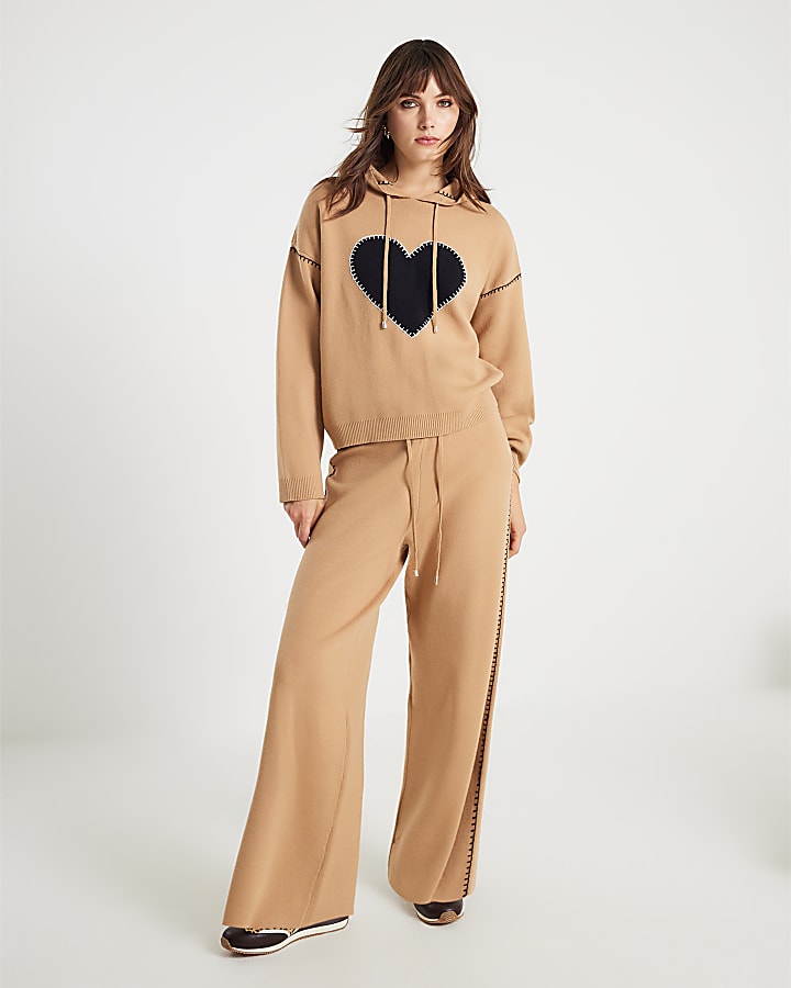 Brown Knitted Heart Hoodie